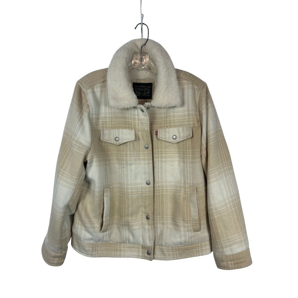 Levi's Sherpa Lined Plaid Trucker Jacket Cream‎ Tan Neutral Boho Western Large